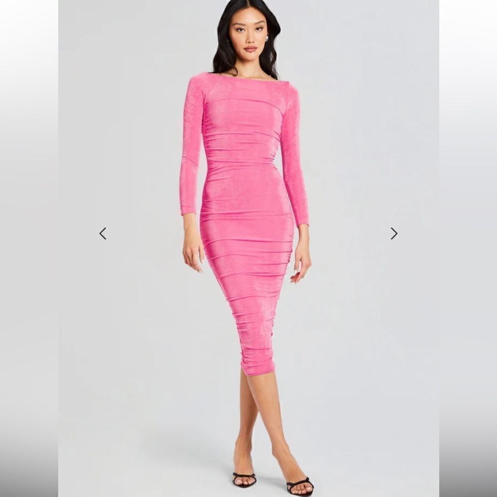SER.O.YA Imogen Dress Malibu pink midi bodycon shirred slinky $295 XL